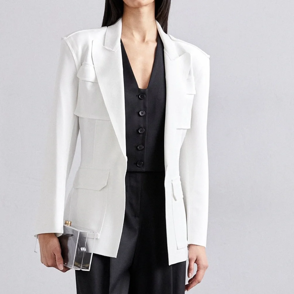 Norma Kamali Single Breasted Scuba Cargo Blazer, white, size S - Picture 6 of 15